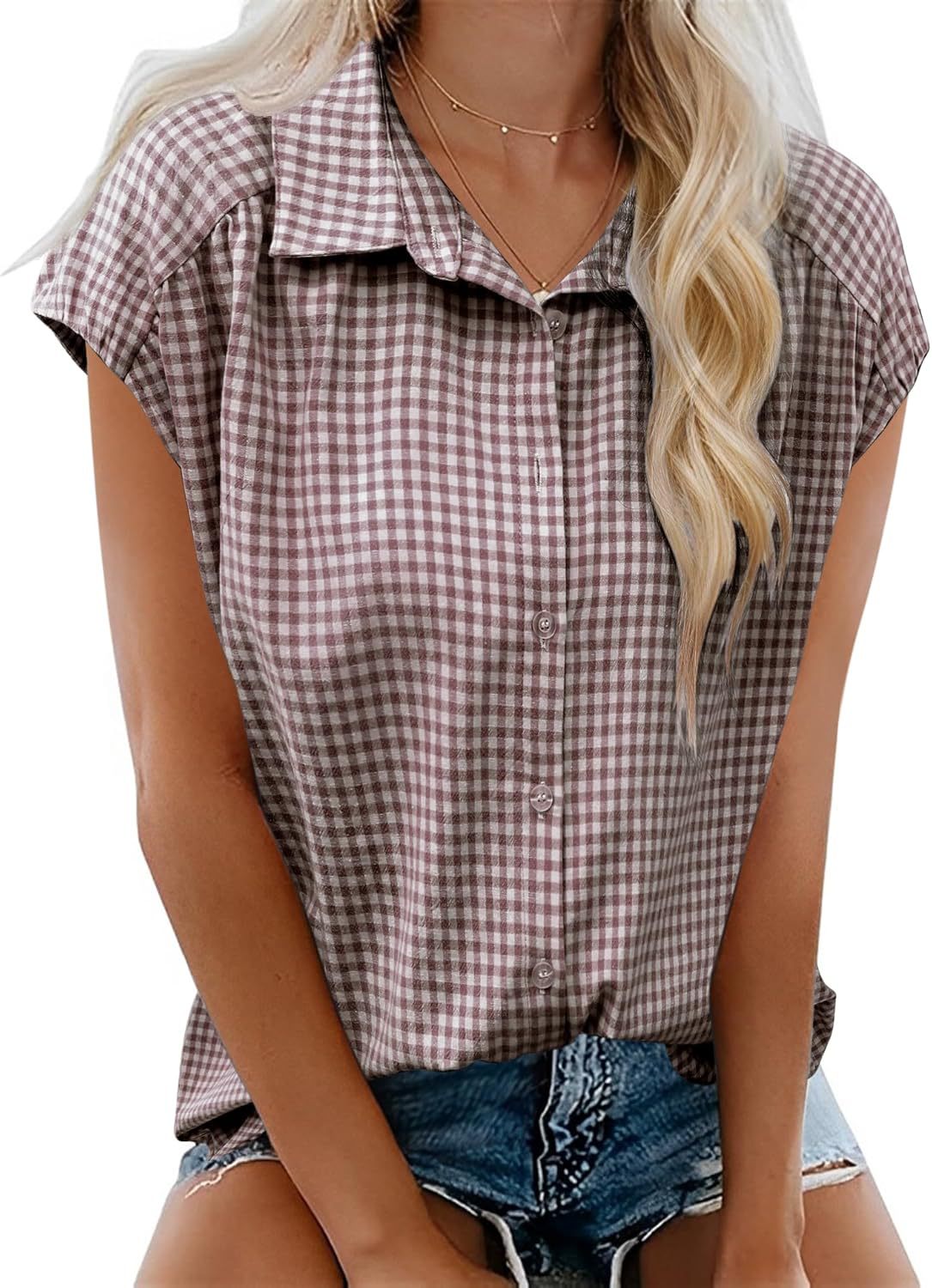 Blusa informal de manga corta a cuadros para mujer, con solapa, material: algodón y poliéster.