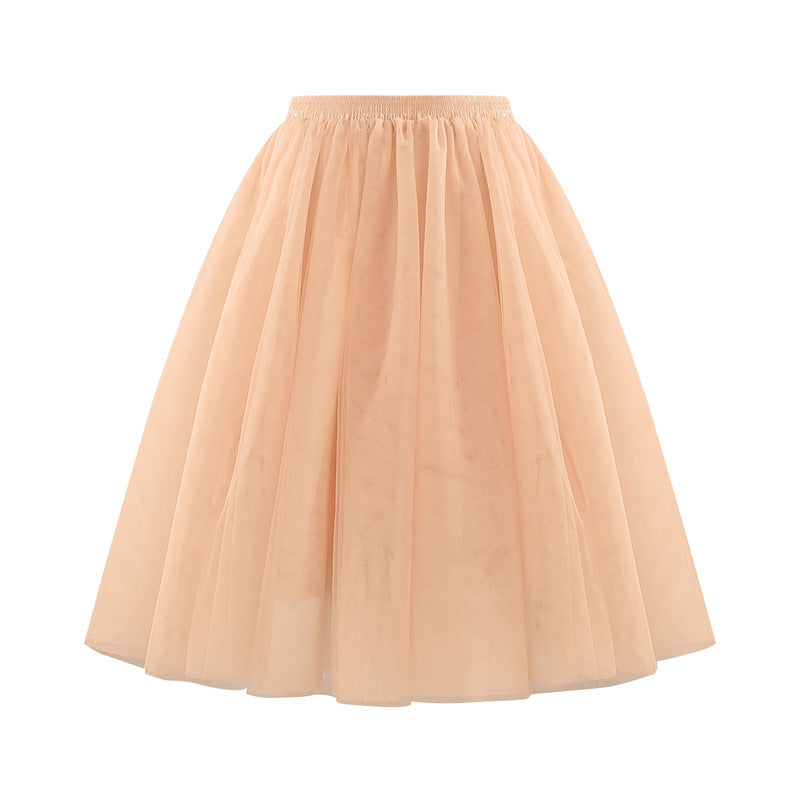 Women Fashion Elegant Solid Color High Waist Pleated Mesh Skirt