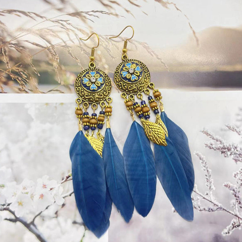 Bohemian Flower Beads Feather Earrings for Women