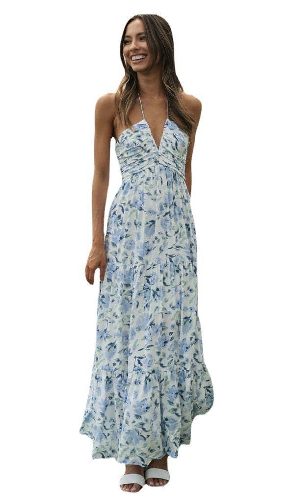 Vacation Women Casual Tiny Flower Print Maxi Dress