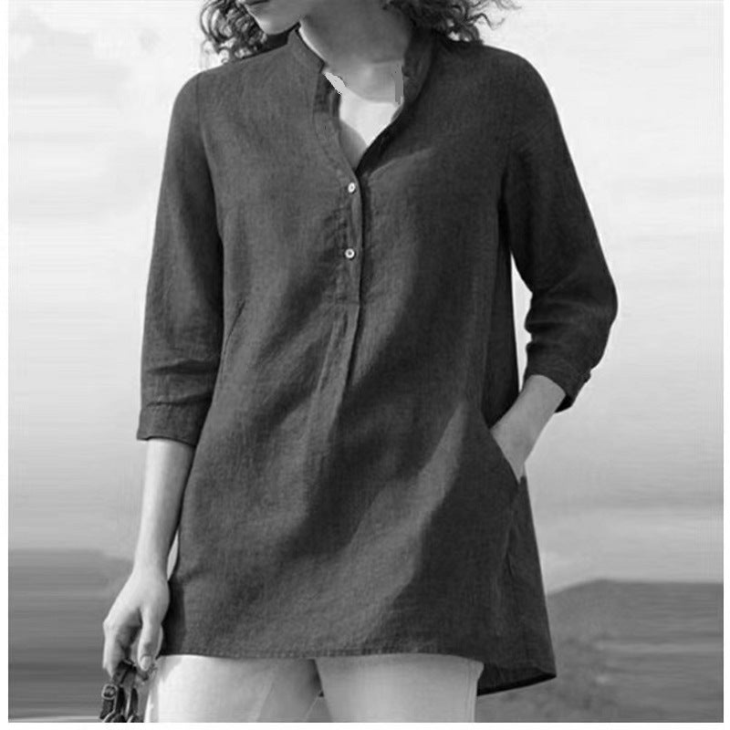 Camisa informal de lino y algodón con cuello de color liso para mujer
