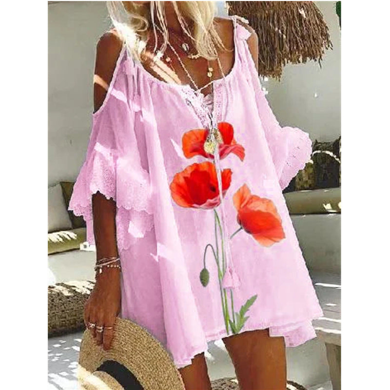 Women Fashion Bohemian Floral Print Vintage V Neck Short Sleeves Ruffled Midi Dress
