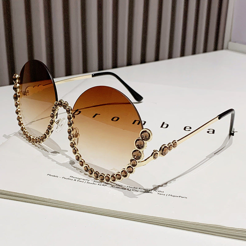 Fashion Metal Rhinestone Round Half Frame Sunglasses