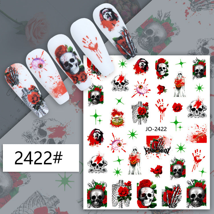 Autocollants pour ongles Halloween, motif crâne, citrouille, chat noir