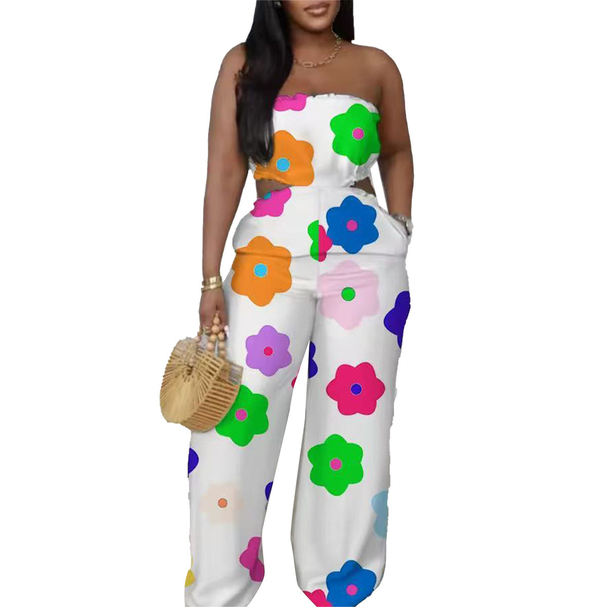 Pantalones anchos sin tirantes con estampado elegante para mujer