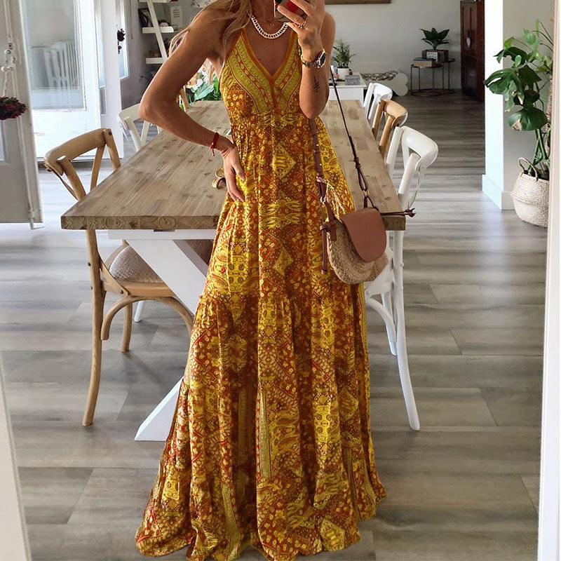 Vestido largo bohemio informal con estampado de flores diminutas y escote en V con tirantes para mujer