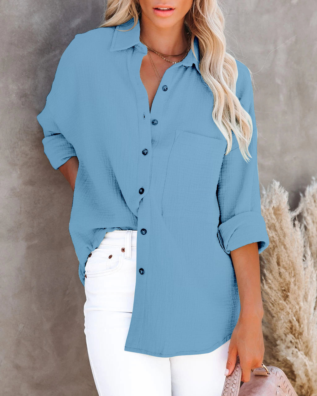 Blusa informal de manga larga con cuello en V y botones para mujer