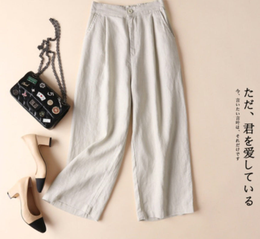 Women Fashion Casual Solid Color Linen Loose Cropped Pants