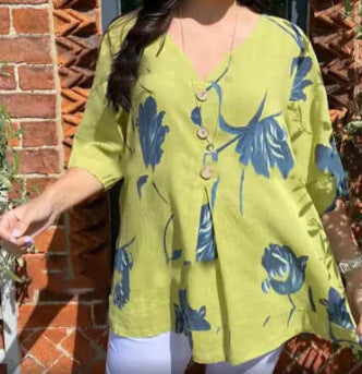 Casual Floral Printed Cotton Linen Women Blouse