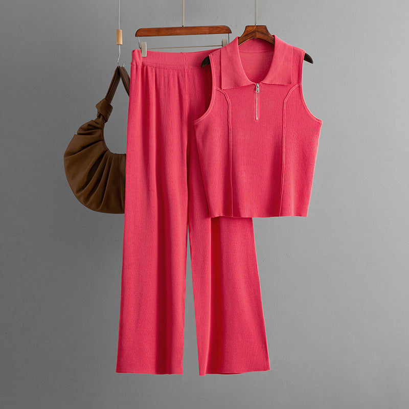 Women Casual Solid Color Sleeveless Zipper Tank Top High Waist Pants Two-Piece Set