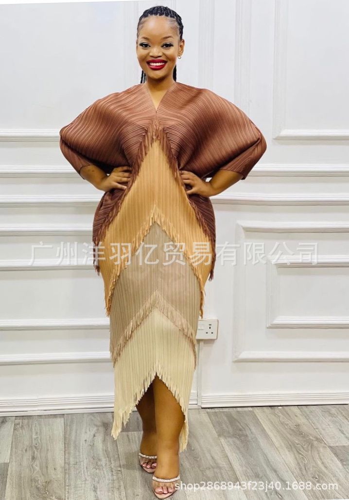 African Women Fashion Pleated Color Matching Dress