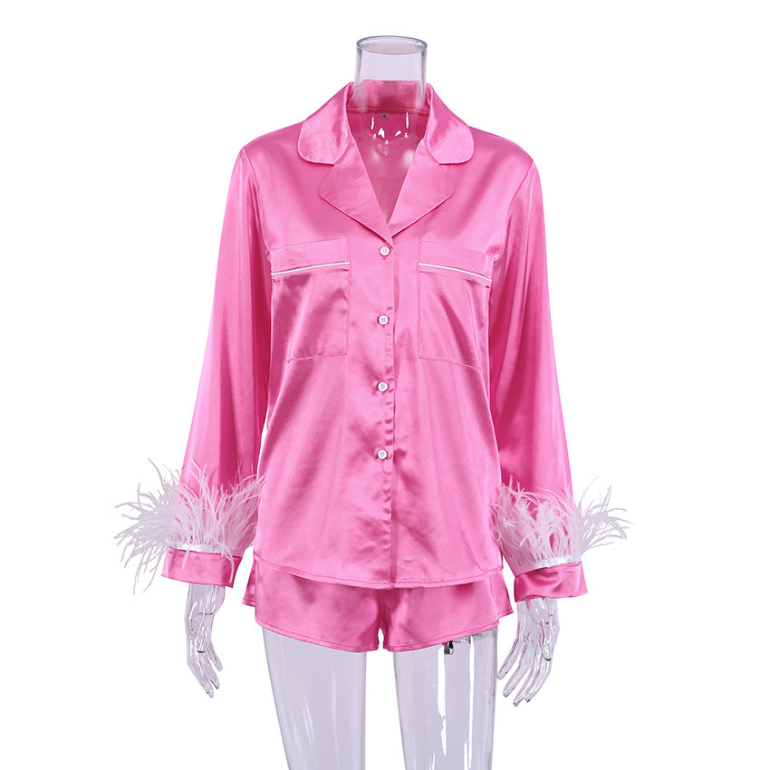 Women Fashion Loose Satin Ice Silk Long Sleeve Pajamas Set