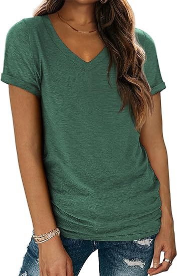 Camiseta informal de verano para mujer, color liso, cuello en V, manga corta, sin mangas