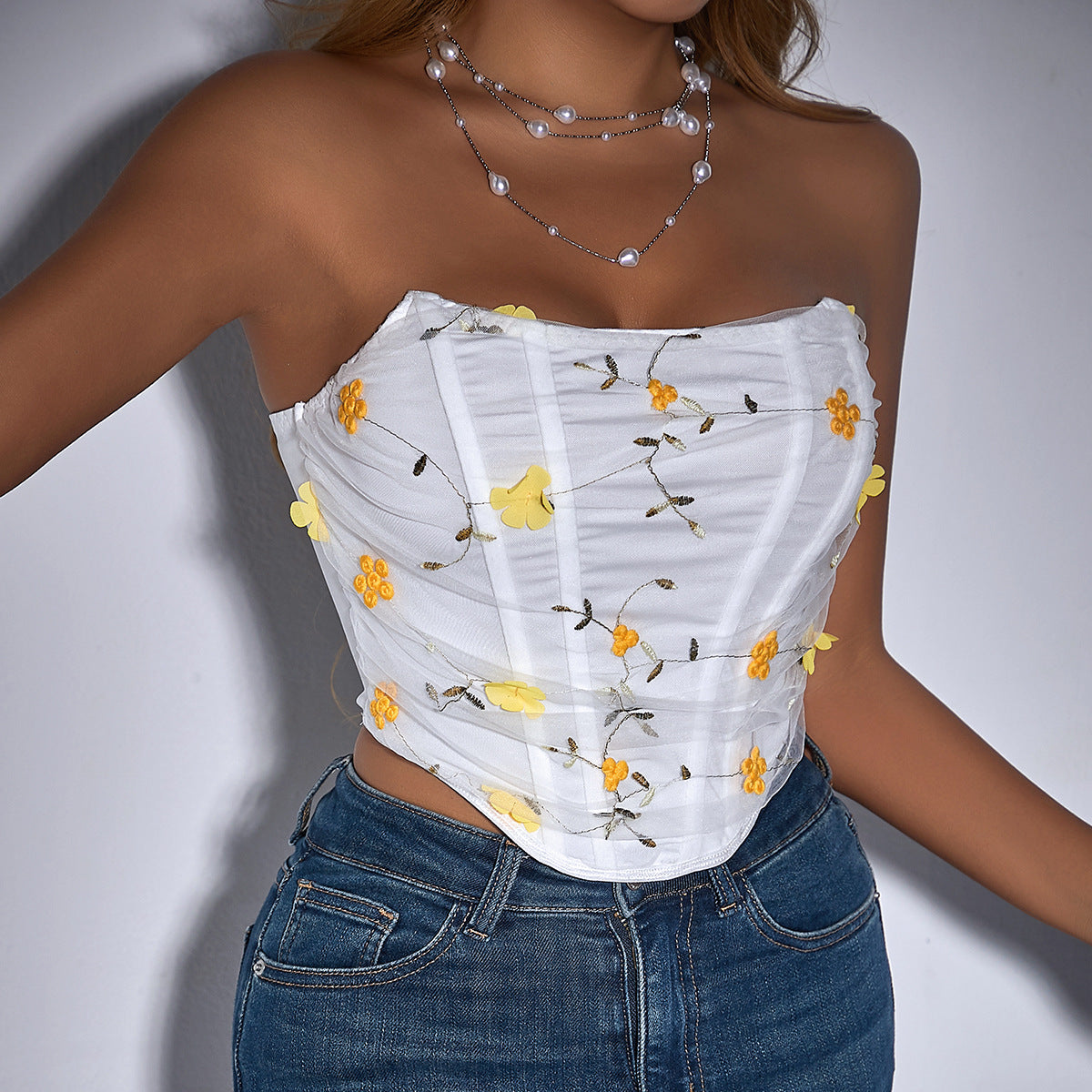 Women Fashion Sexy Floral Embroidered Fish Bone Tube Top