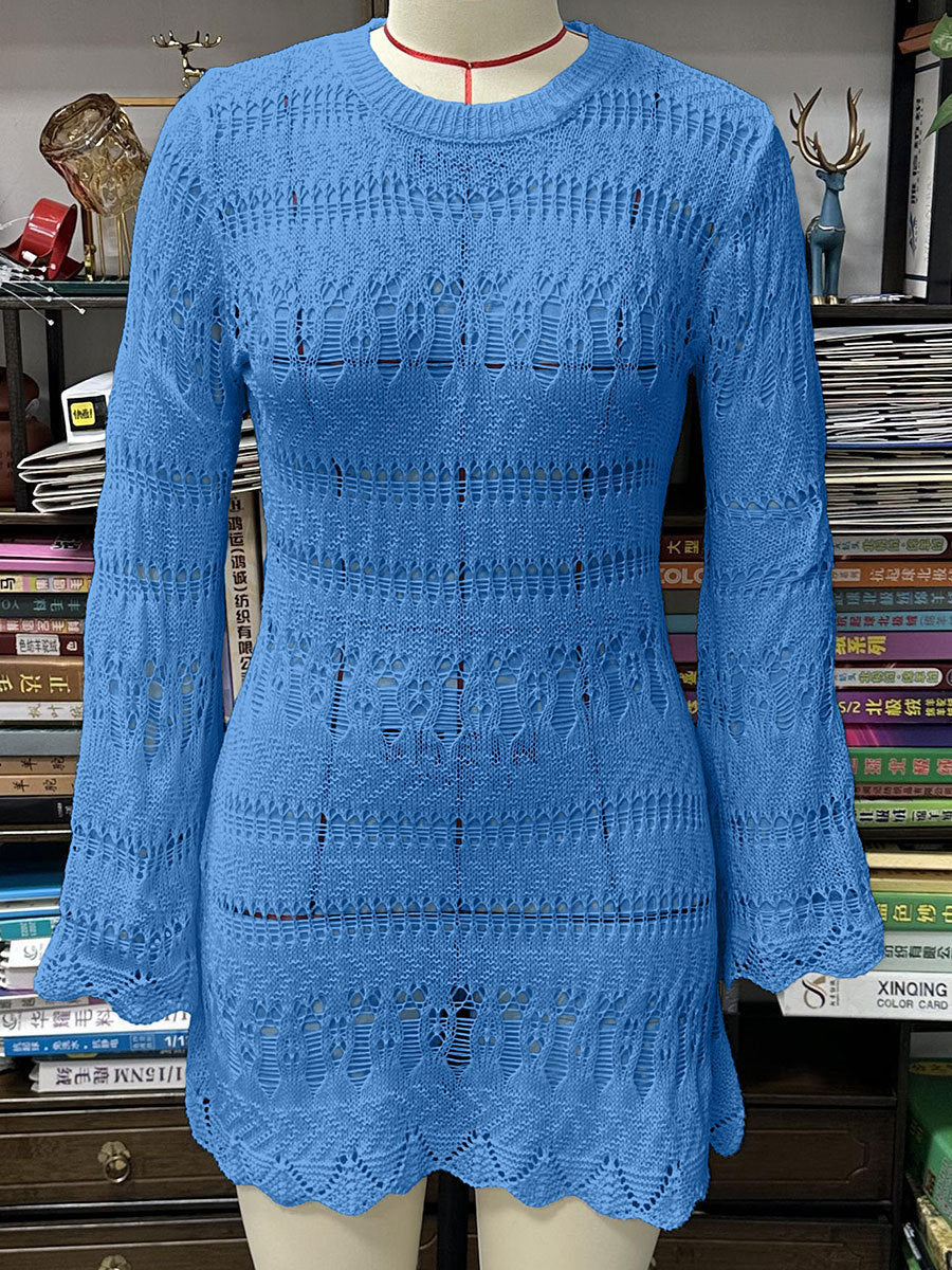 Vestido playero de punto calado de color liso a la moda para mujer