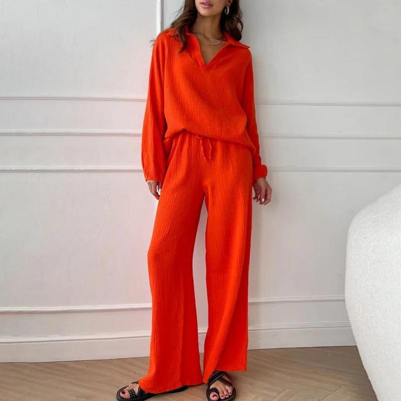 Ensemble deux pièces à col en V et couleur unie pour femme