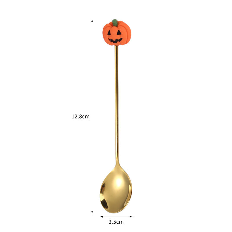 Tenedor y cuchara de acero inoxidable para postres y frutas con dibujos animados de Halloween.