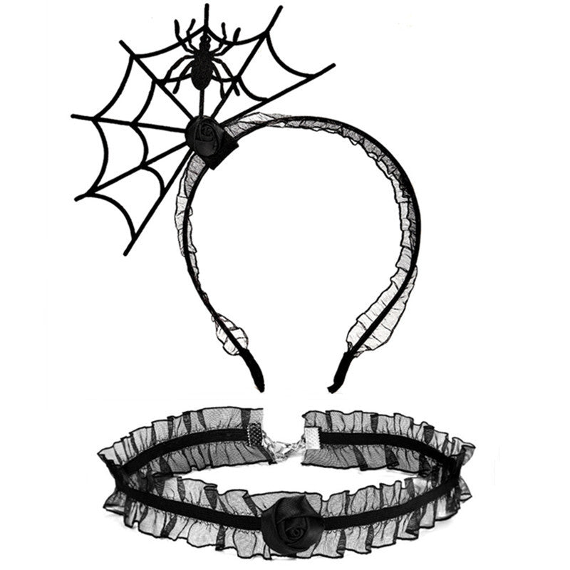 Ensemble de bijoux ras du cou en dentelle avec bandeau en toile d'araignée noire pour femme, idéal pour Halloween