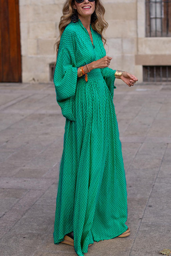 Vestido informal de cuello en V con cuadrícula de color liso a la moda para mujer