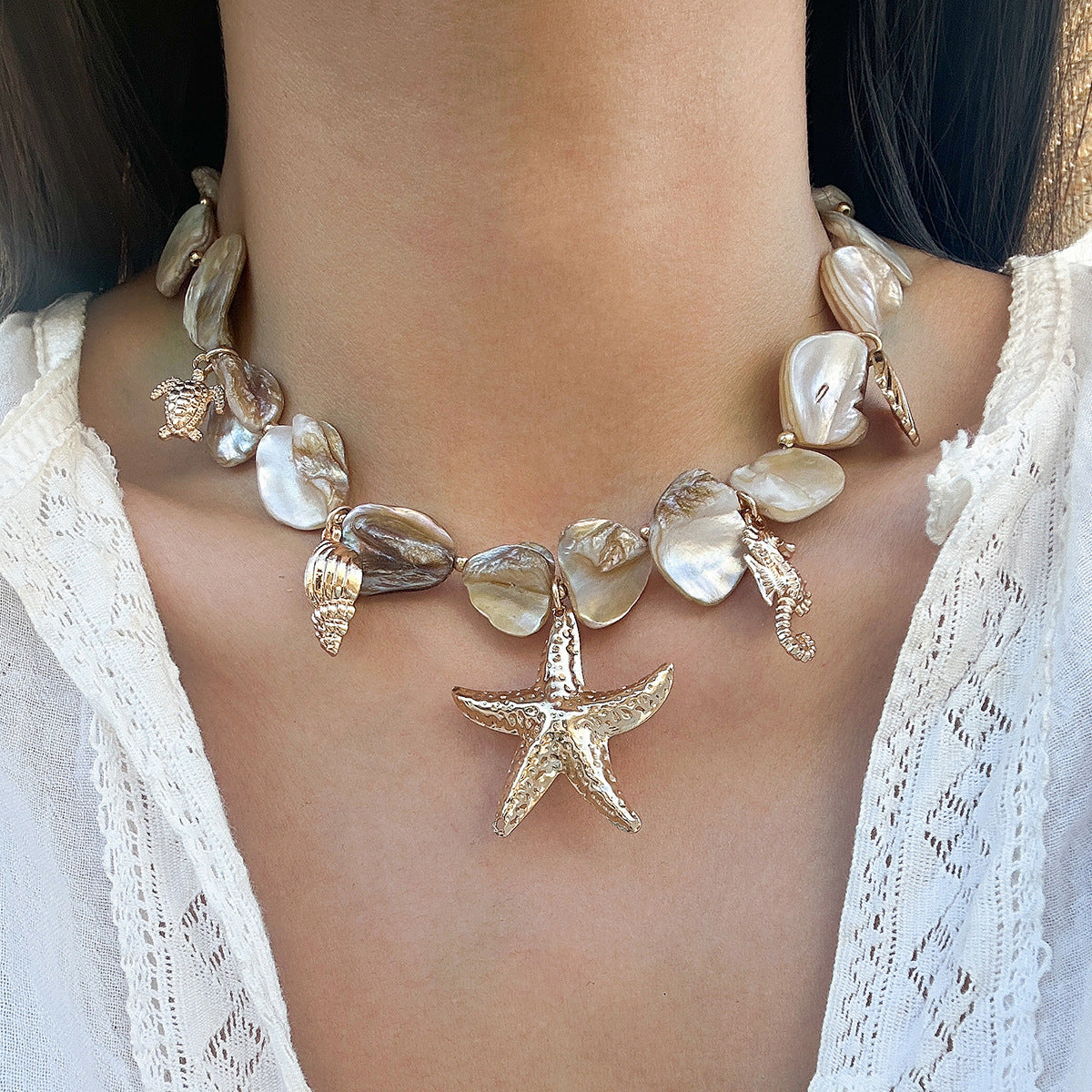 Collar de concha y estrella de mar estilo océano de verano para mujer