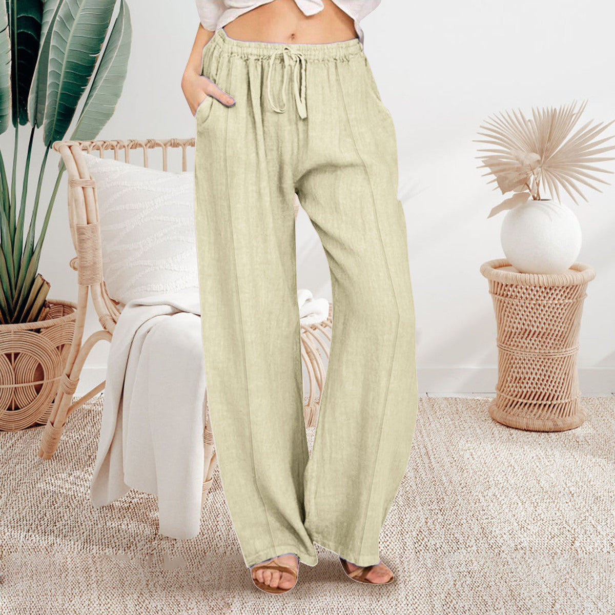Pantalones casuales de algodón de color sólido a la moda para mujer