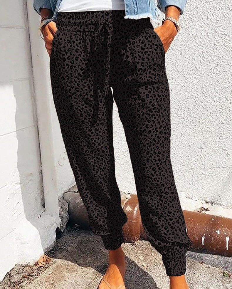 Women Fashion Casual Leopard Loose Lace-Up Pants