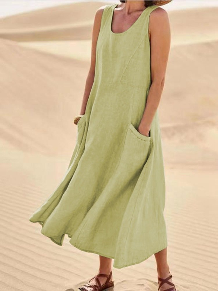 Robe d'été décontractée en lin de couleur unie pour femme