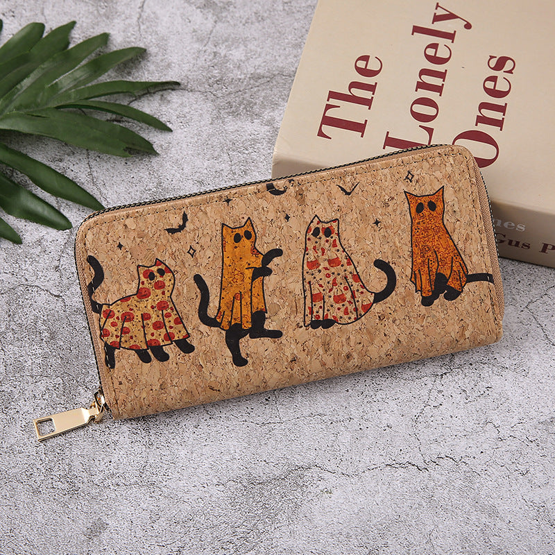 Monederos con cremallera multicapa con estampado de calabaza y murciélago de Halloween para mujer
