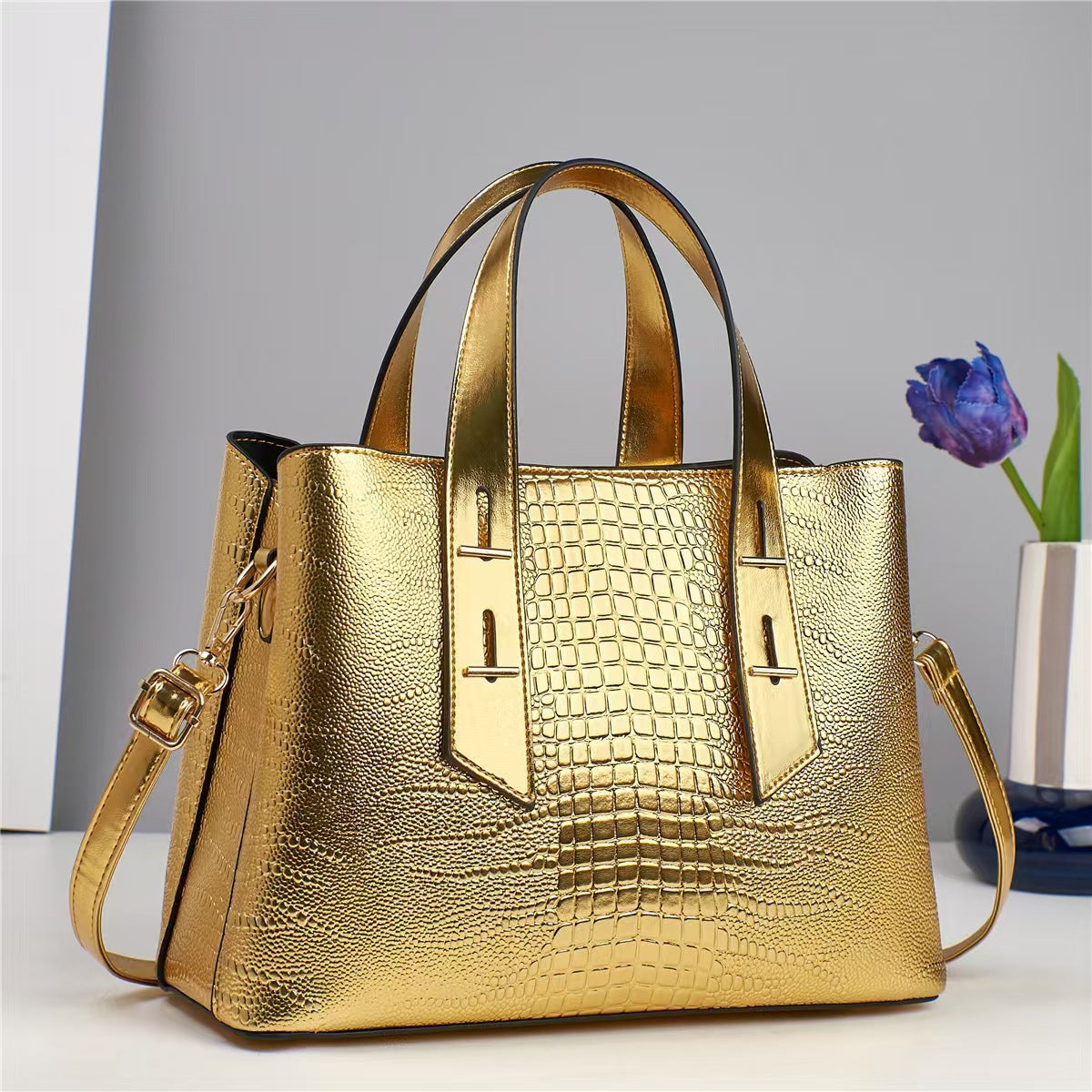 Sac à main décontracté de grande capacité pour femme, couleur unie, motif crocodile