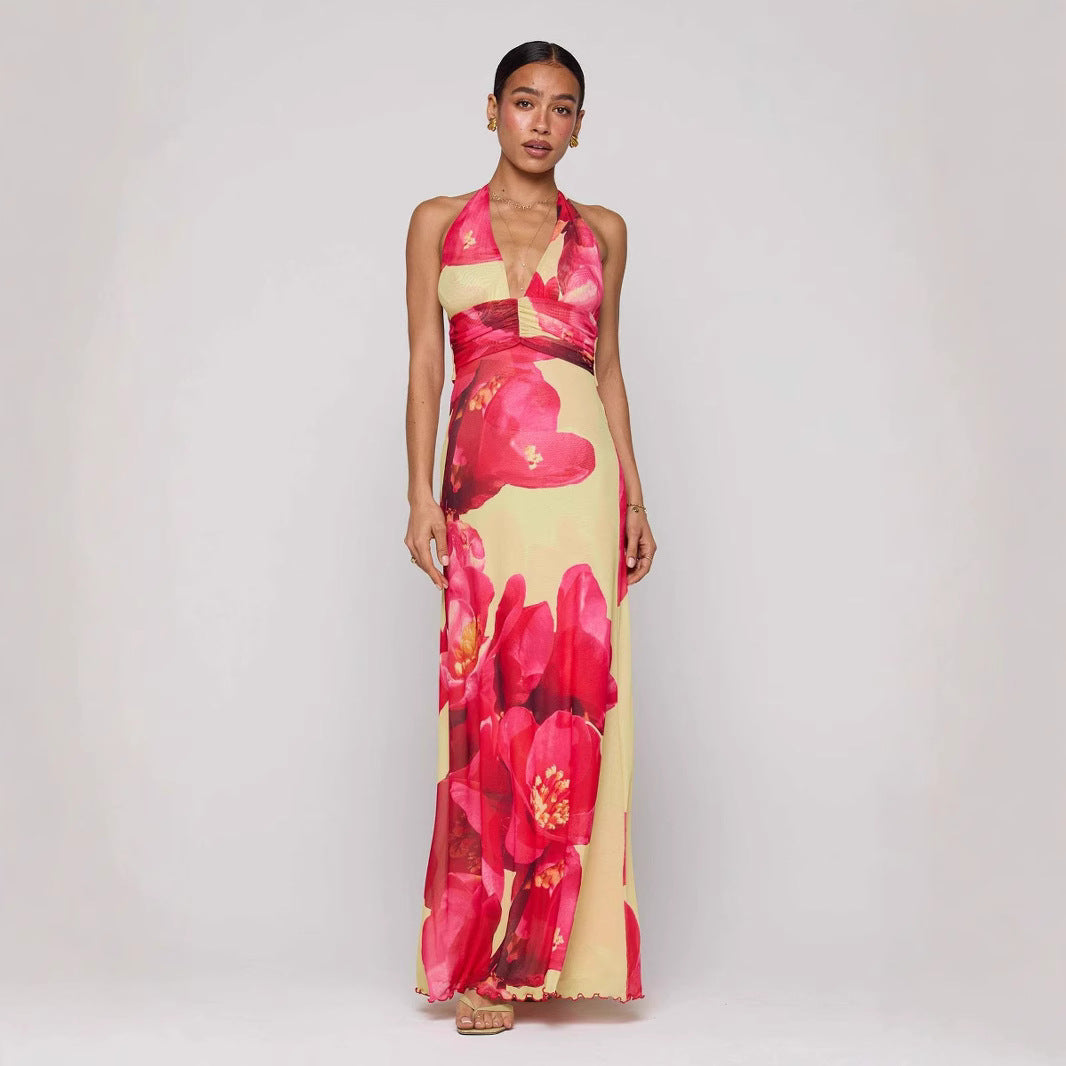 Women Fashion Sexy Printed Halter-Neck Backless Dress