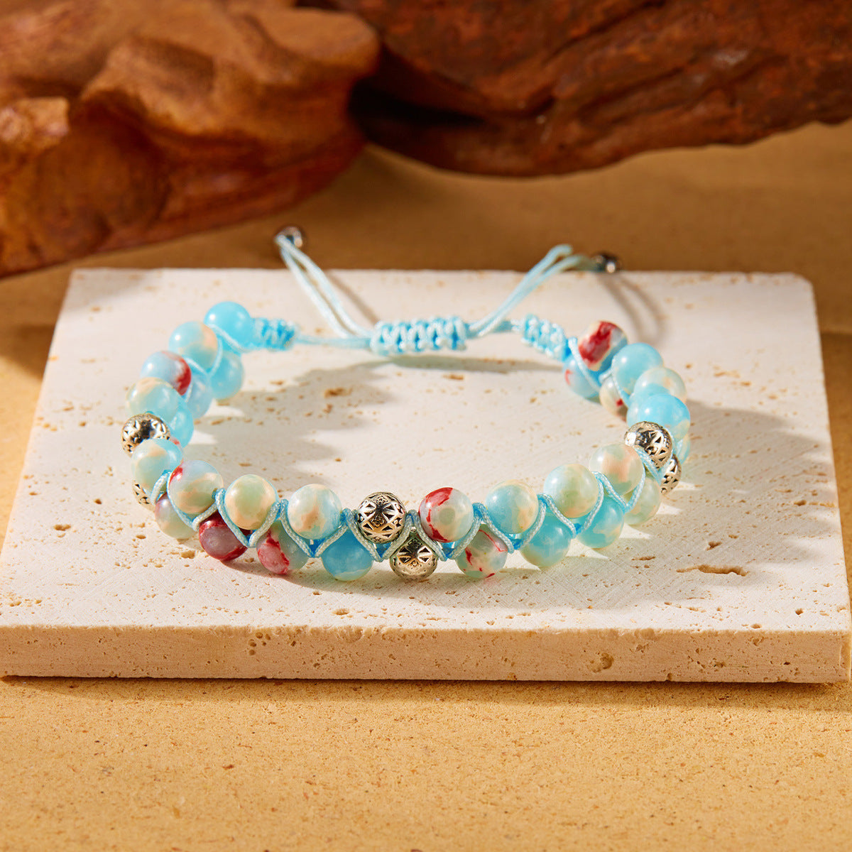 Women Fashion Casual Boho Handmade Woven Double-Layer Winding Natural Stone Bracelet