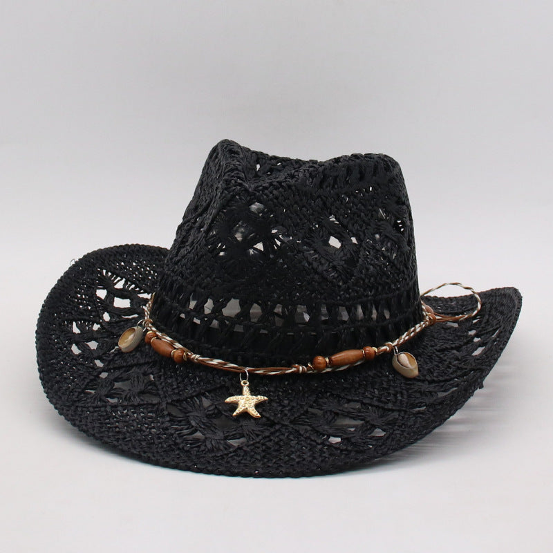Sombrero de jazz tejido de paja occidental con huecos de verano