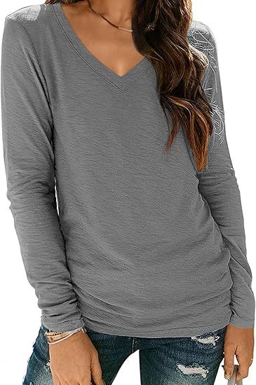 Women Fashion Casual Solid Color V-Neck Long Sleeve Blank T-Shirt
