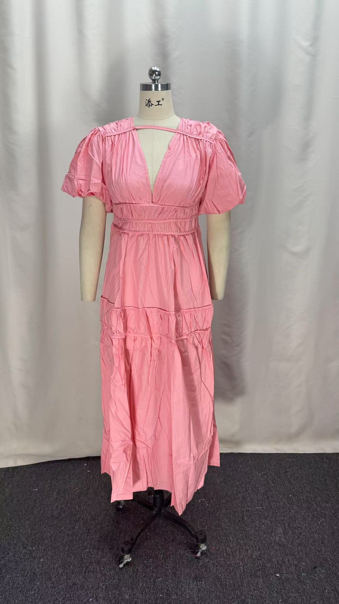 Women Casual Solid Cotton V-Neck Maxi Dress