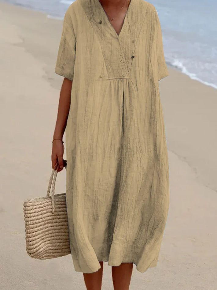 Robe décontractée en coton et lin à col en V et couleur unie pour femme