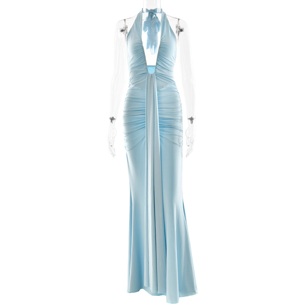 Robe sexy à col licou de couleur unie pour femme