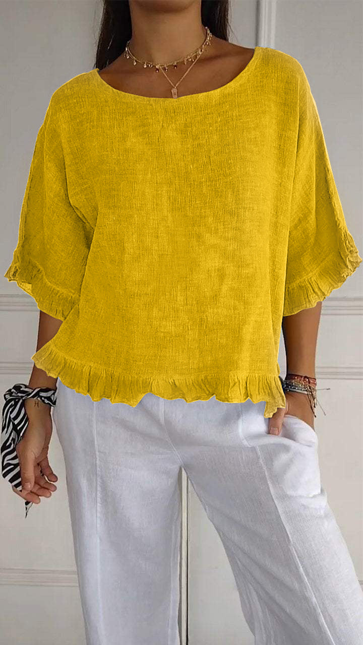 Camisa informal de lino y algodón de color liso para mujer