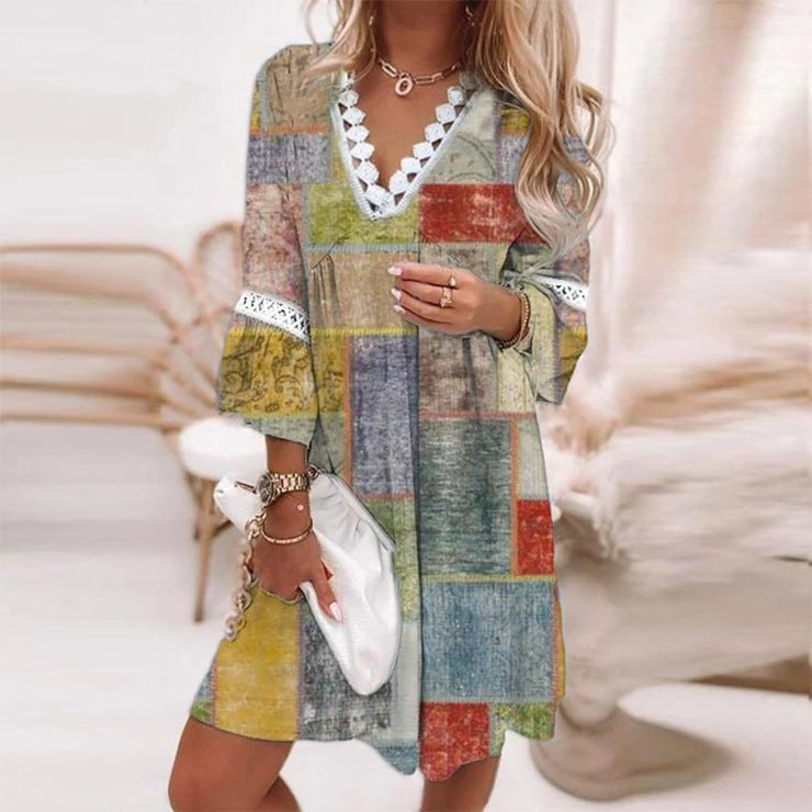 Vestido elegante de primavera bohemio para mujer, de manga larga, cuello en V y encaje con volantes