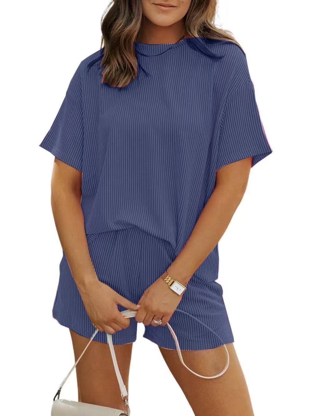 Conjunto de camiseta informal de rayas de color liso para mujer