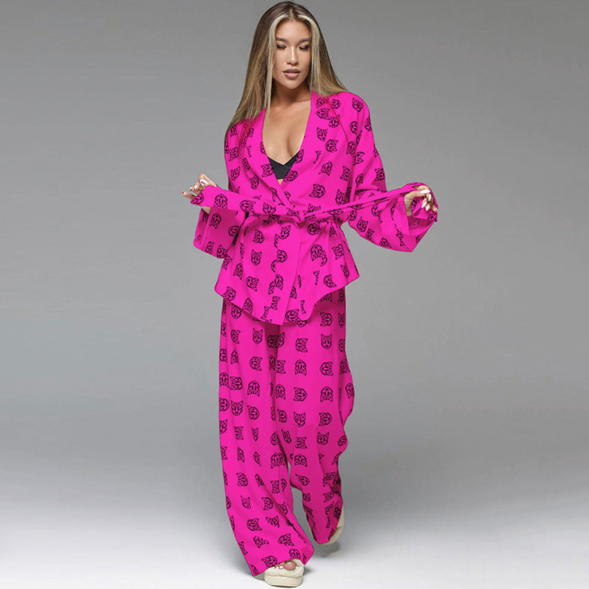Women Loose Casual Fashion Printed Silk Pajamas Set