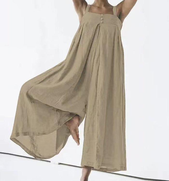Women Fashion Casual Solid Color Cotton Linen Jumpsuits