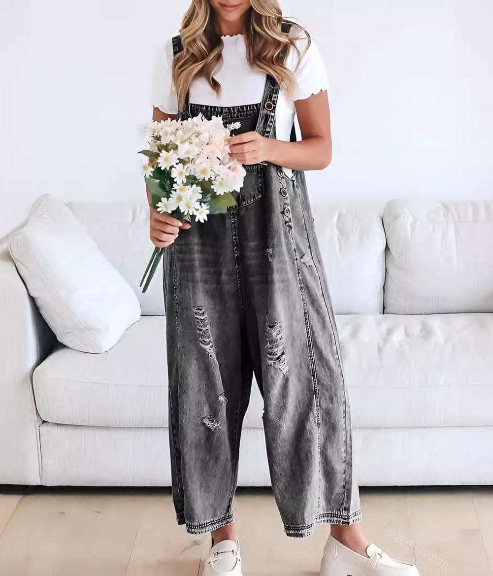 Women Retro Casual Ripped Wide Leg Denim Jumpsuits