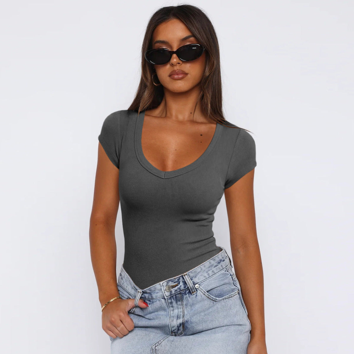 Camiseta de manga corta con hilo simple para mujer
