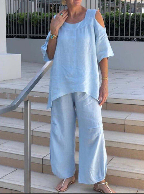 Women Plus Size Summer Solid Color Blouse Pants Set