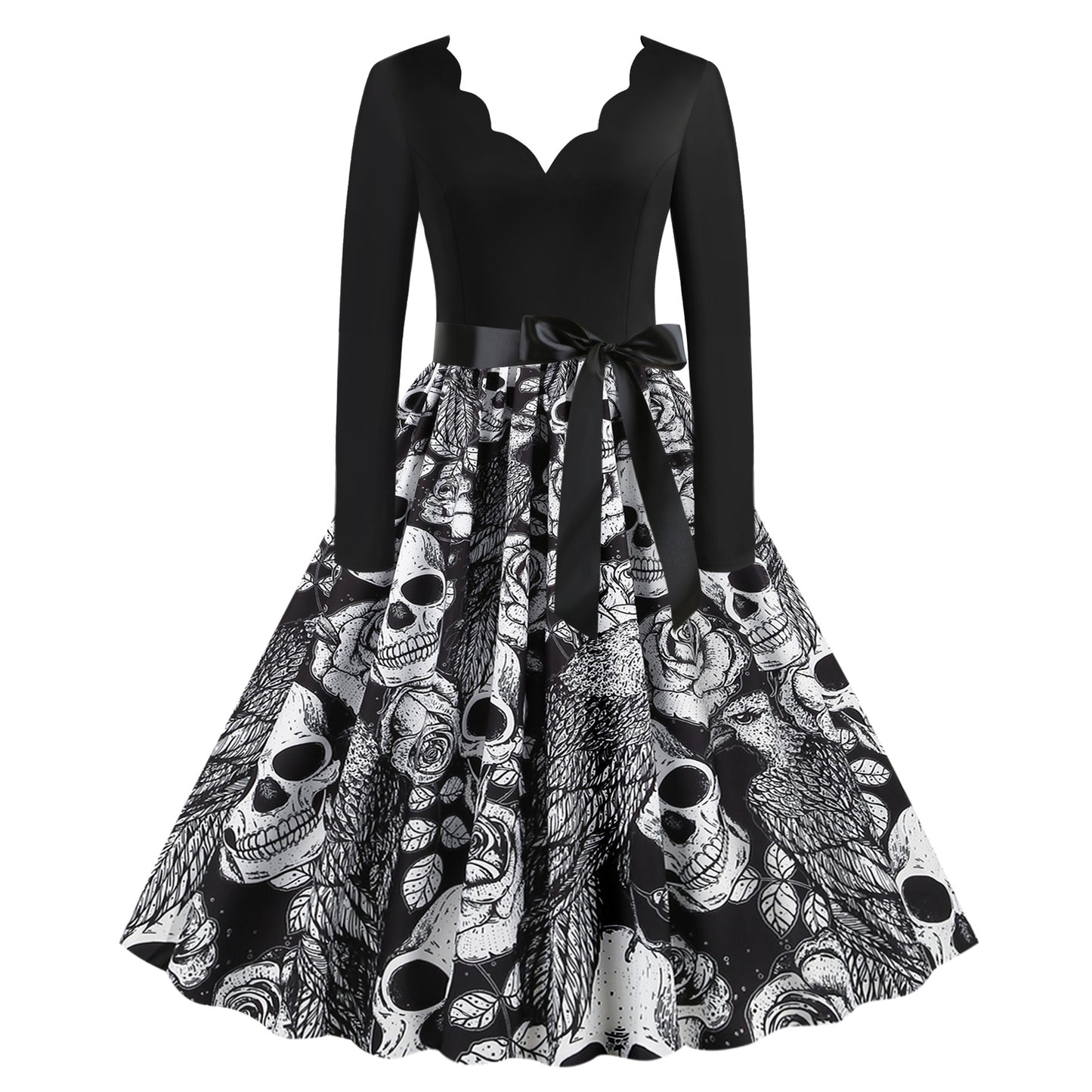 Vestido informal de Halloween con estampado de calavera y rosa para mujer