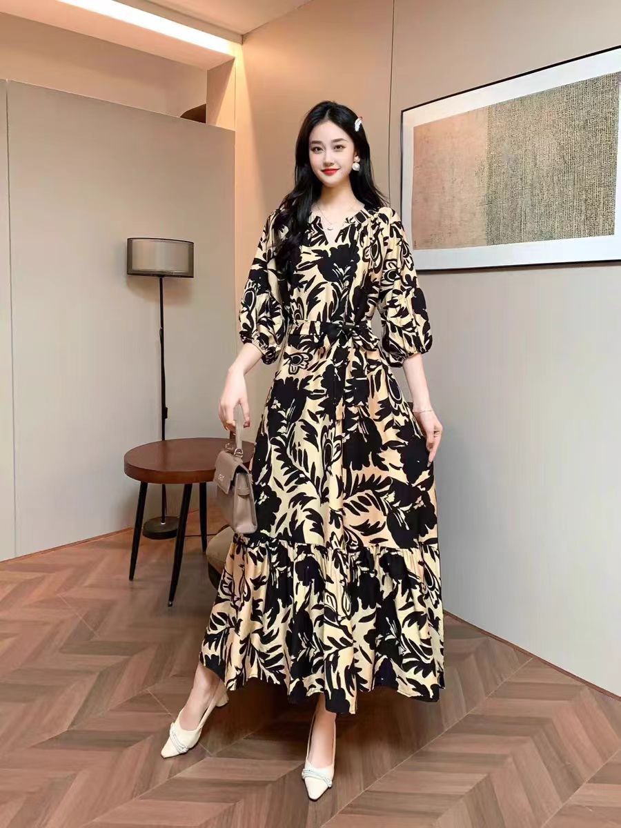 Vestido informal de gasa con cuello en V y estampado para mujer