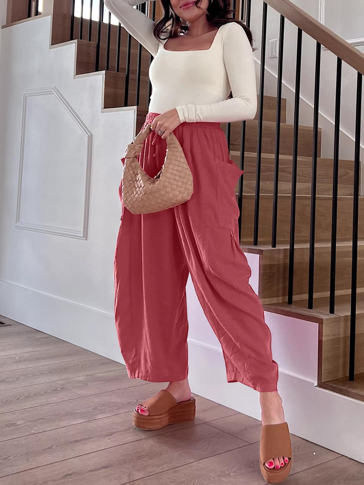 Casual Women Elastic Waist Pleated Wide Leg Pants