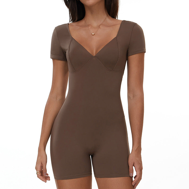 Women Solid Color V-Neck Short-Sleeve Backless Yoga Romper