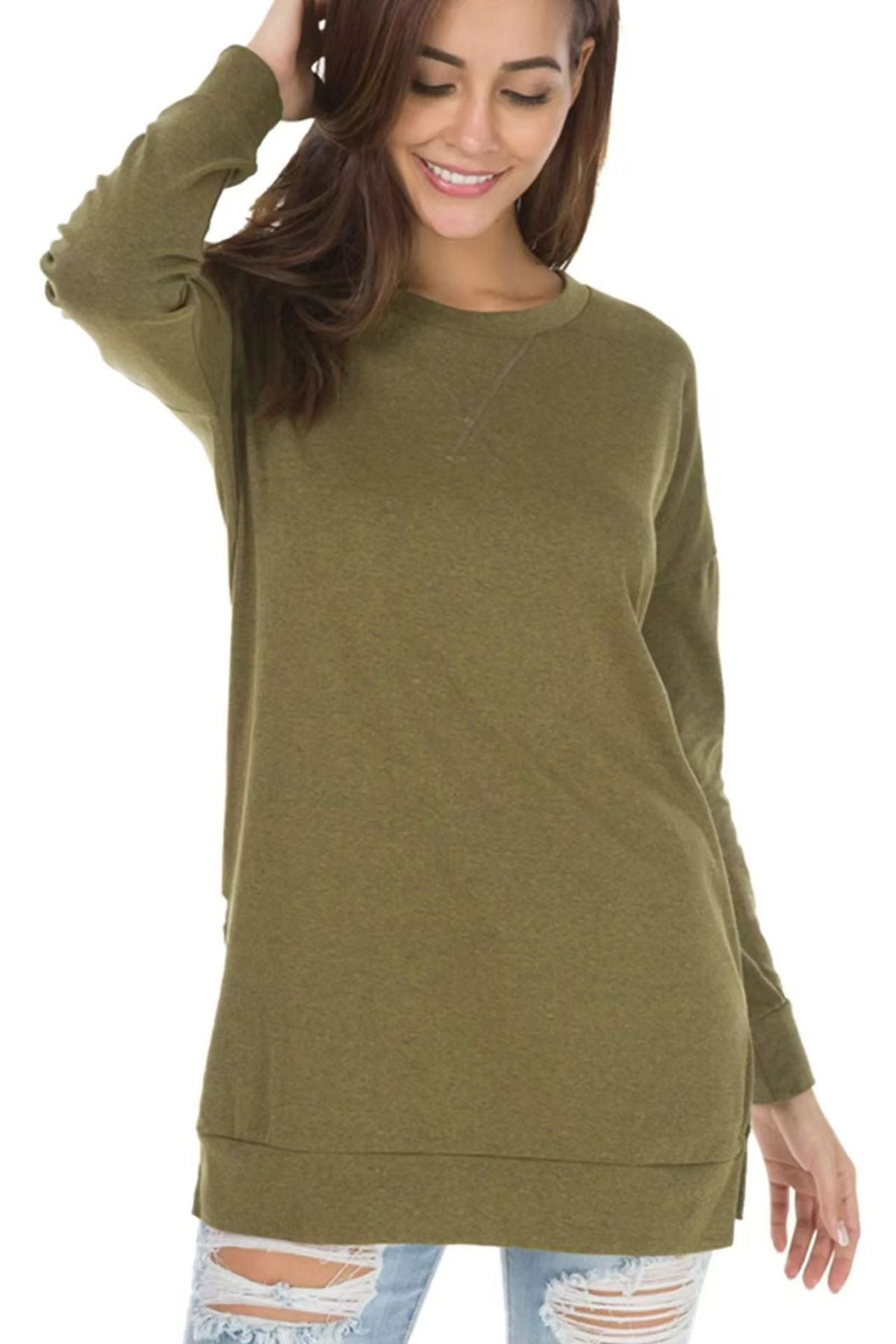 Women Simple Solid Color Round Neck Long Sleeve Blank T-Shirt