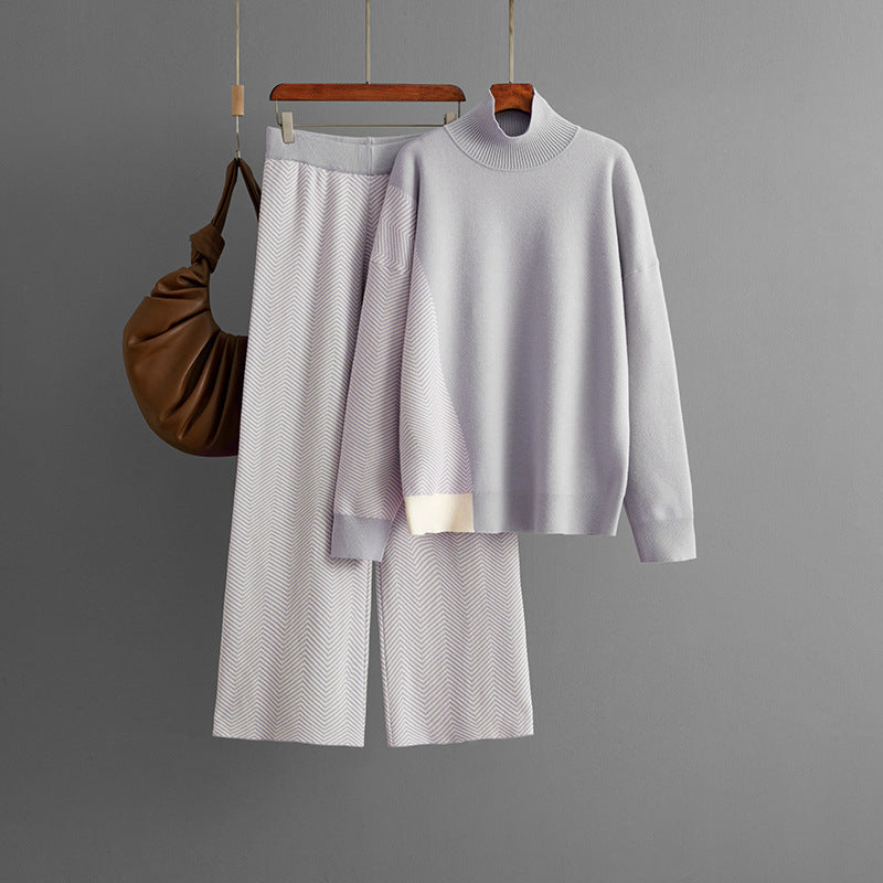 Conjunto de punto con pantalones anchos en contraste de color para mujer